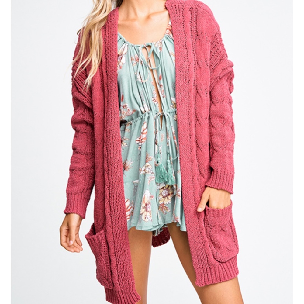 MAUVE PINK CHENILLE CABLE BOHO SWEATER CARDIGAN